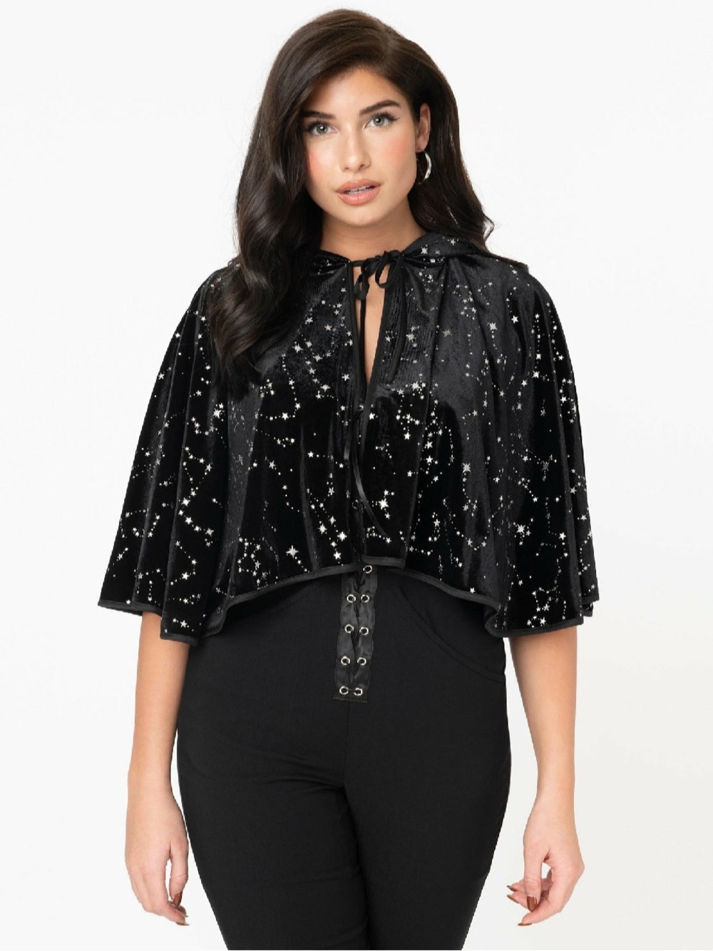 Black Star-Print Velvet Cape Top with Tie Neck